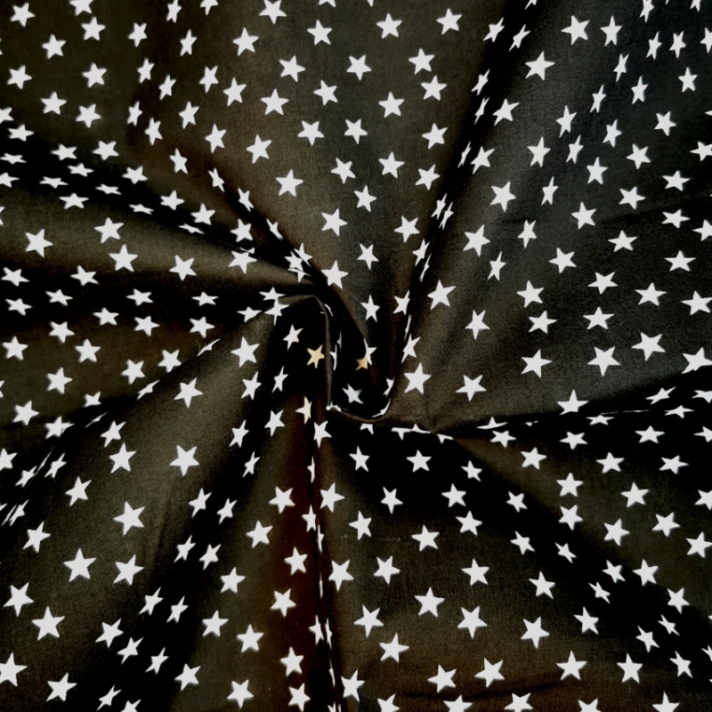 Star Print Polycotton - White Stars on Black